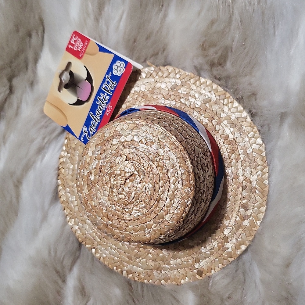 Pet Straw Hat with Red and Blue Band NWT